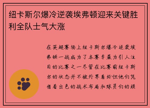 纽卡斯尔爆冷逆袭埃弗顿迎来关键胜利全队士气大涨